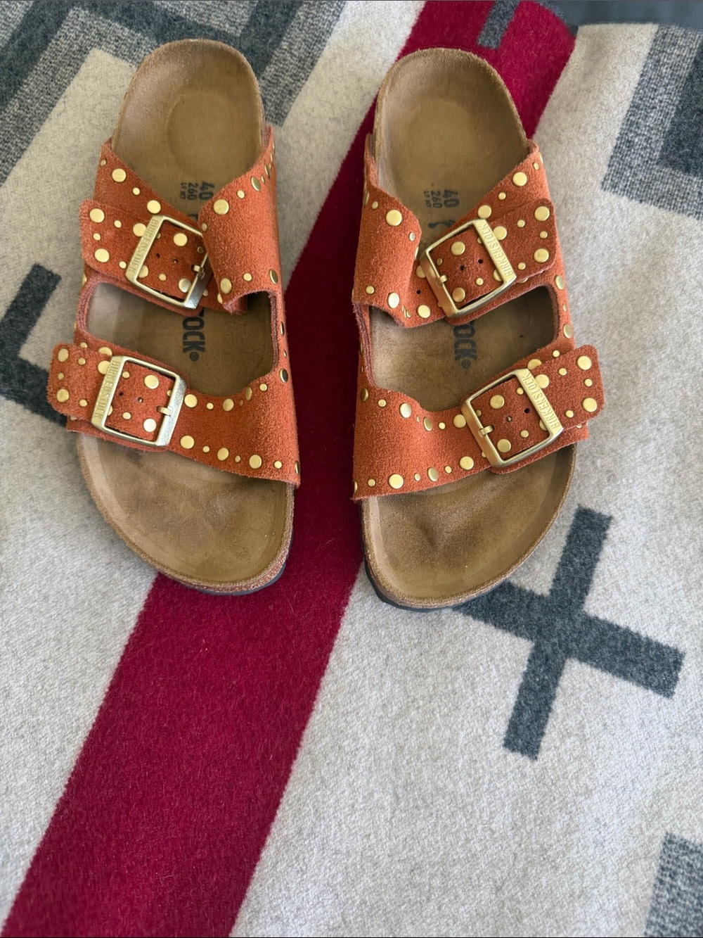 Women’s Arizona Birkenstock Rust Orange Studded Double-Buckle Sandals